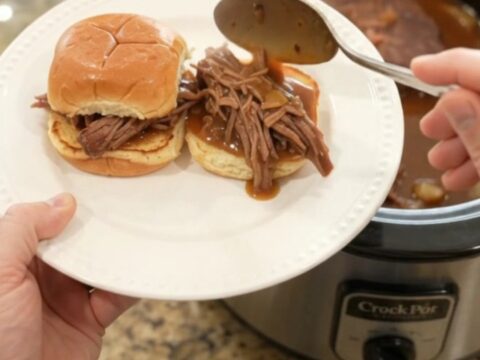 Shredded beef with sweet peppers in brown gravy, served on toasted brioche slider buns