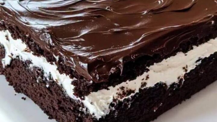 A slice of decadent Ding Dong sheet cake showing distinct layers of chocolate sponge, white cream, and chocolate ganache.