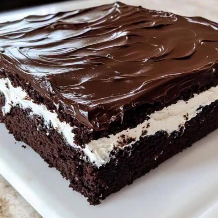 A slice of decadent Ding Dong sheet cake showing distinct layers of chocolate sponge, white cream, and chocolate ganache.