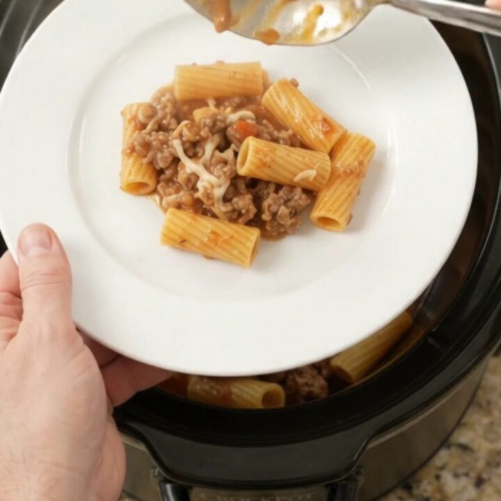 Slow cooker rigatoni with sausage and melted cheese, bubbling in the crockpot