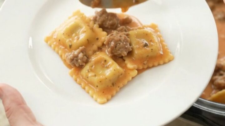 Slow cooker Boursin sausage vodka ravioli with melted fontina and creamy pink sauce