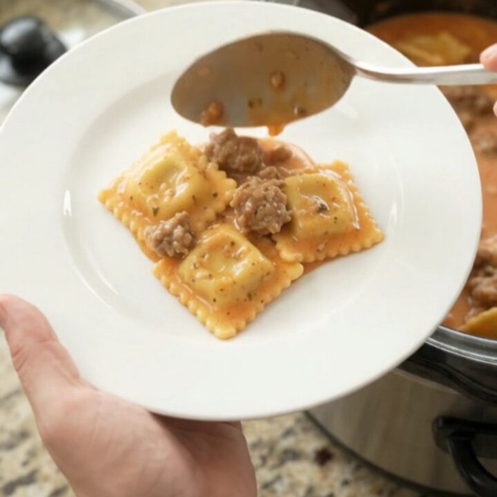 Slow cooker Boursin sausage vodka ravioli with melted fontina and creamy pink sauce