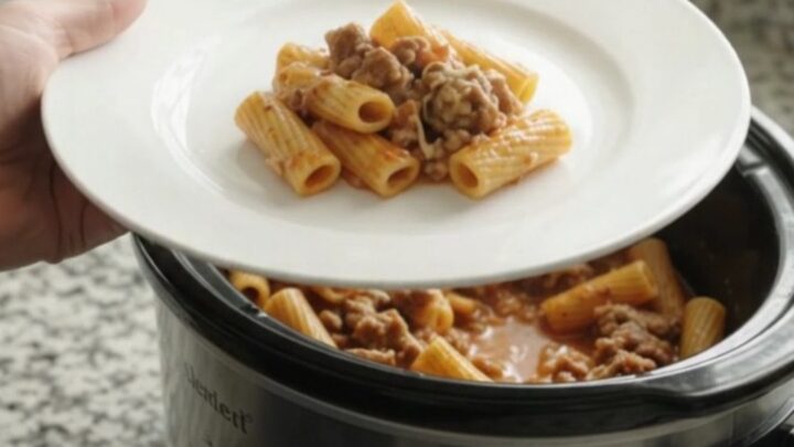 Slow-cooker rigatoni with Italian sausage, tomato sauce, and melted cheese in a black Crockpot