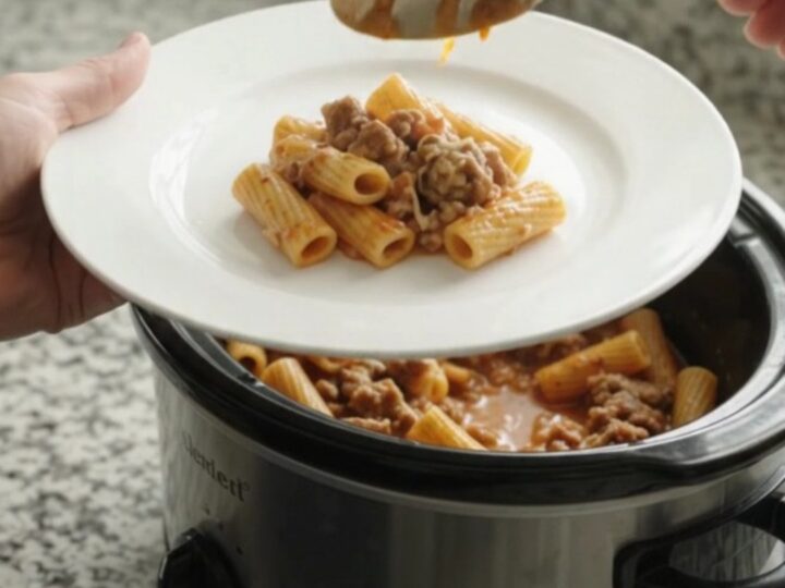 Slow-cooker rigatoni with Italian sausage, tomato sauce, and melted cheese in a black Crockpot