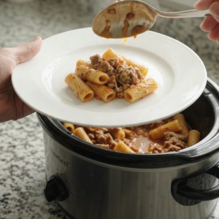 Slow-cooker rigatoni with Italian sausage, tomato sauce, and melted cheese in a black Crockpot
