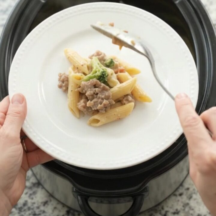 Slow cooker filled with creamy sausage Alfredo penne, topped with melted provolone and ricotta dollops