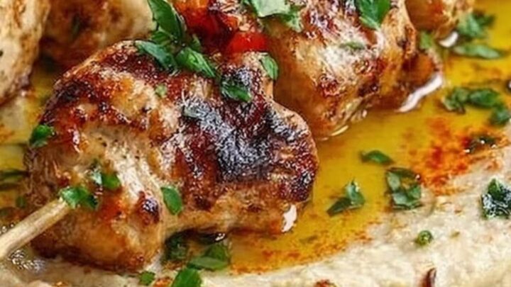 A rustic wooden table featuring grilled chicken skewers served over a smooth bed of hummus.