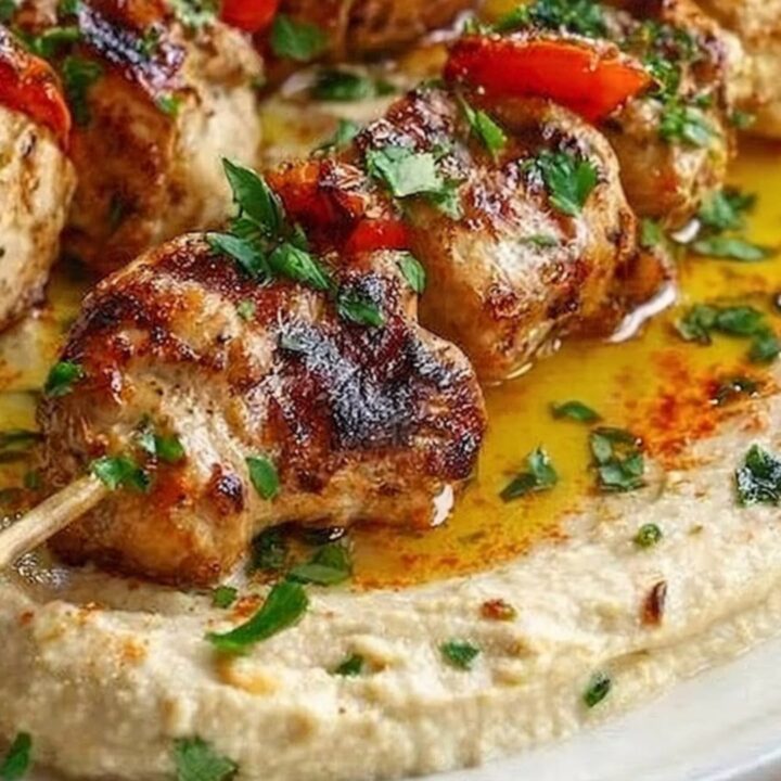 A rustic wooden table featuring grilled chicken skewers served over a smooth bed of hummus.