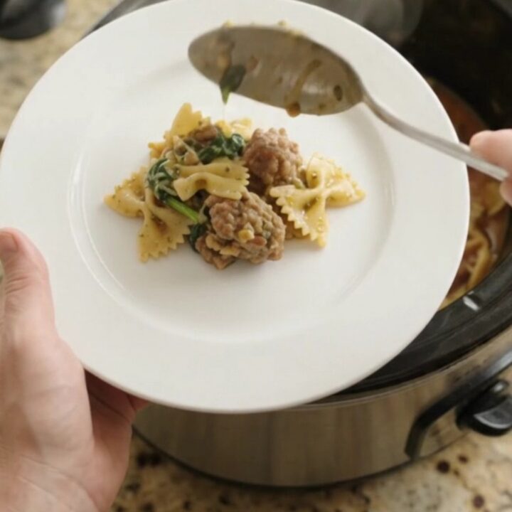 Slow cooker filled with creamy pesto farfalle, sausage, and melted mozzarella