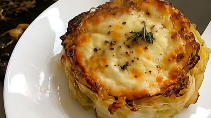 A close-up of a golden-brown cabbage steak topped with melted, bubbling cheese and fresh thyme on a white plate.