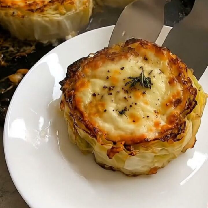 A close-up of a golden-brown cabbage steak topped with melted, bubbling cheese and fresh thyme on a white plate.