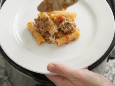 Bubbling Crockpot baked ziti with melted provolone and ricotta