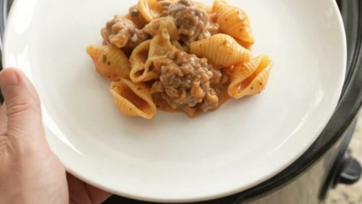 Bubbling Crockpot Boursin Sausage Pasta Shells with melted cheese