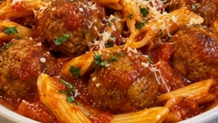 A white ceramic bowl filled with penne pasta and juicy meatballs in marinara sauce topped with parmesan and parsley.