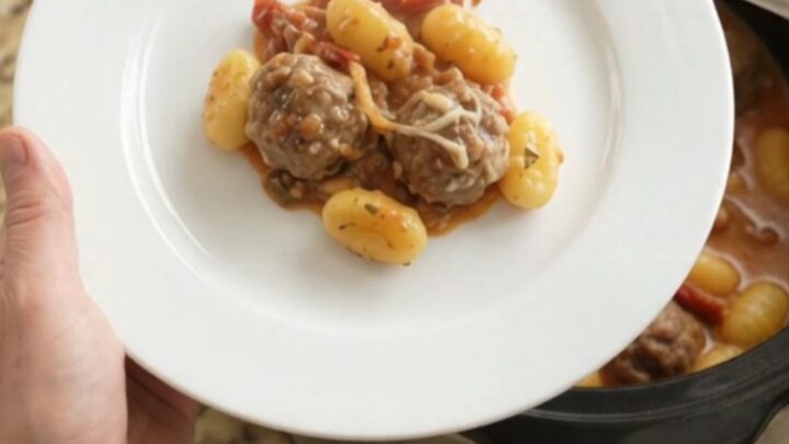 Slow cooker filled with meatballs, gnocchi, and melted mozzarella, creamy sauce bubbling
