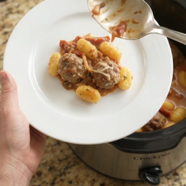 Slow cooker filled with meatballs, gnocchi, and melted mozzarella, creamy sauce bubbling