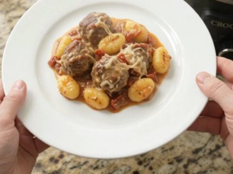 Slow cooker filled with bubbling meatballs and gnocchi in creamy sauce