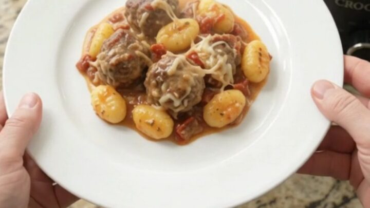 Slow cooker filled with bubbling meatballs and gnocchi in creamy sauce