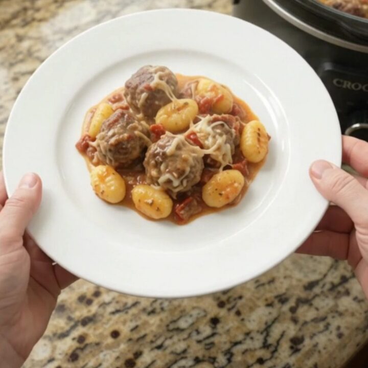 Slow cooker filled with bubbling meatballs and gnocchi in creamy sauce