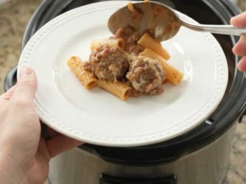 Slow cooker Boursin meatball rigatoni with creamy sauce and melted cheese