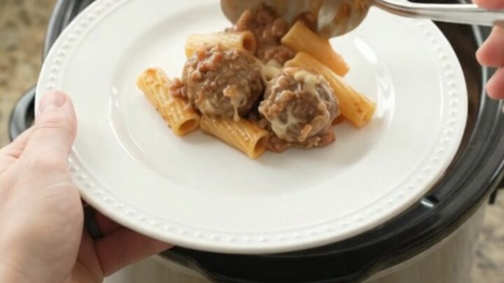 Slow cooker Boursin meatball rigatoni with creamy sauce and melted cheese