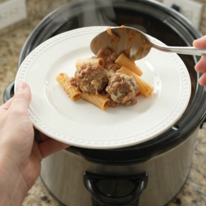 Slow cooker Boursin meatball rigatoni with creamy sauce and melted cheese