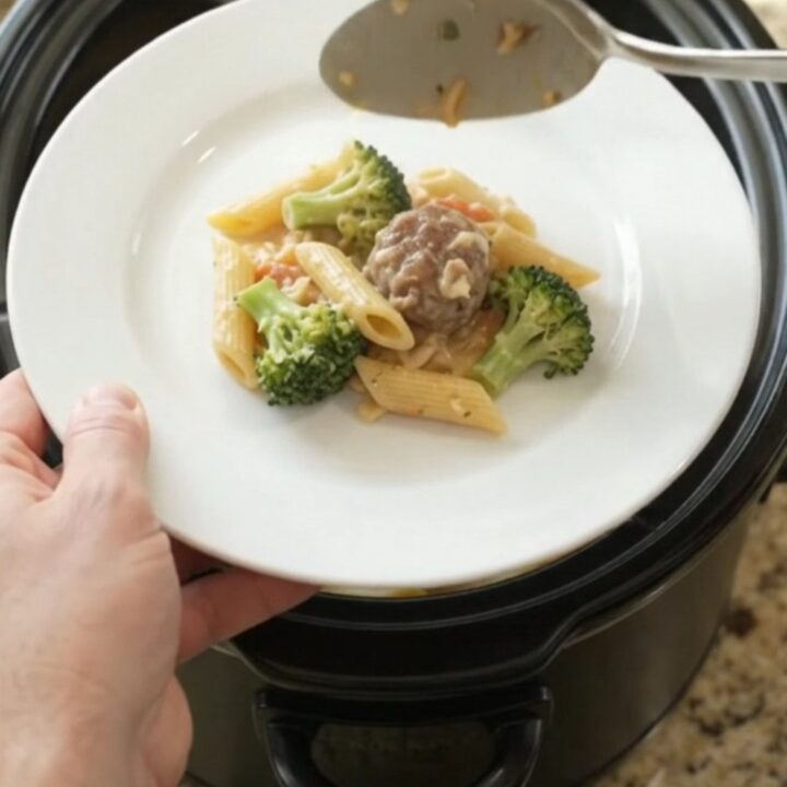 Crockpot full of creamy Alfredo penne with meatballs and melted cheese