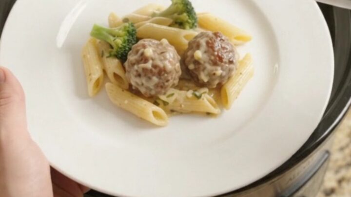 A slow cooker filled with creamy Alfredo pasta, meatballs, and broccoli, with melted cheese stretching from a serving spoon.