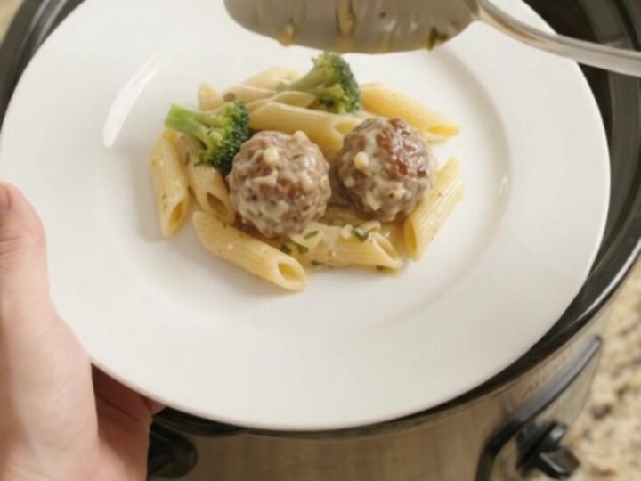 A slow cooker filled with creamy Alfredo pasta, meatballs, and broccoli, with melted cheese stretching from a serving spoon.