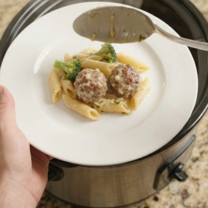 A slow cooker filled with creamy Alfredo pasta, meatballs, and broccoli, with melted cheese stretching from a serving spoon.