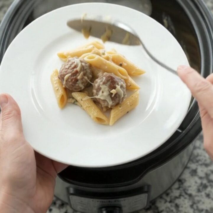 Crockpot Provolone Meatball Alfredo Penne in a slow cooker, bubbling with melted cheese and creamy sauce.