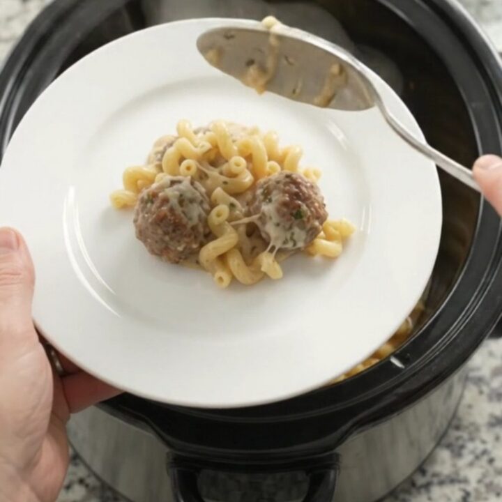 Creamy Crockpot meatball cavatappi with melted cheese and meatballs in a slow cooker