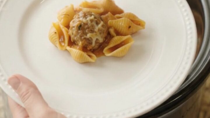 Crockpot Parmesan Meatball Red Pepper Shells with melted cheese and pasta