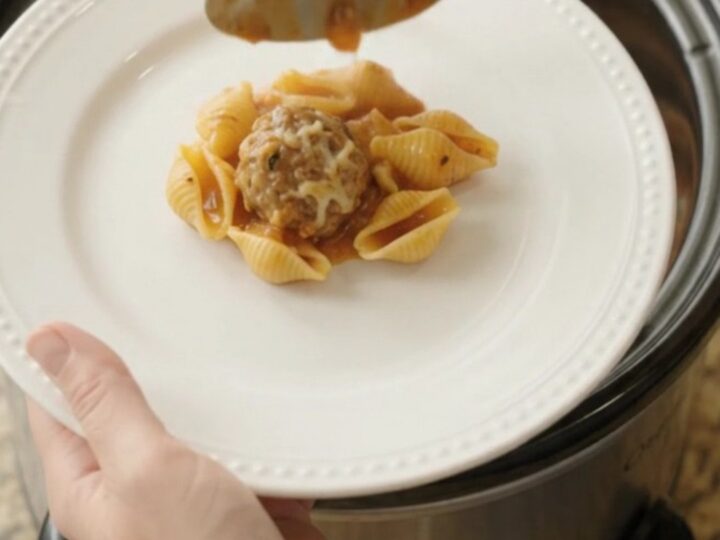 Crockpot Parmesan Meatball Red Pepper Shells with melted cheese and pasta