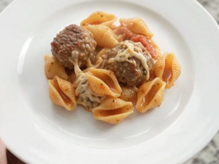 Slow cooker with bubbling mozzarella meatball red pepper shells, cheese stretching from a spoon