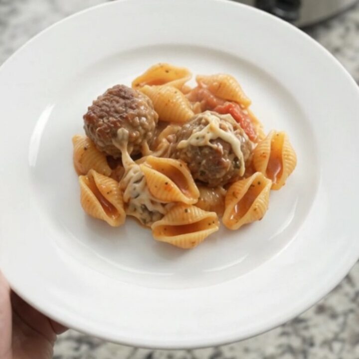 Slow cooker with bubbling mozzarella meatball red pepper shells, cheese stretching from a spoon