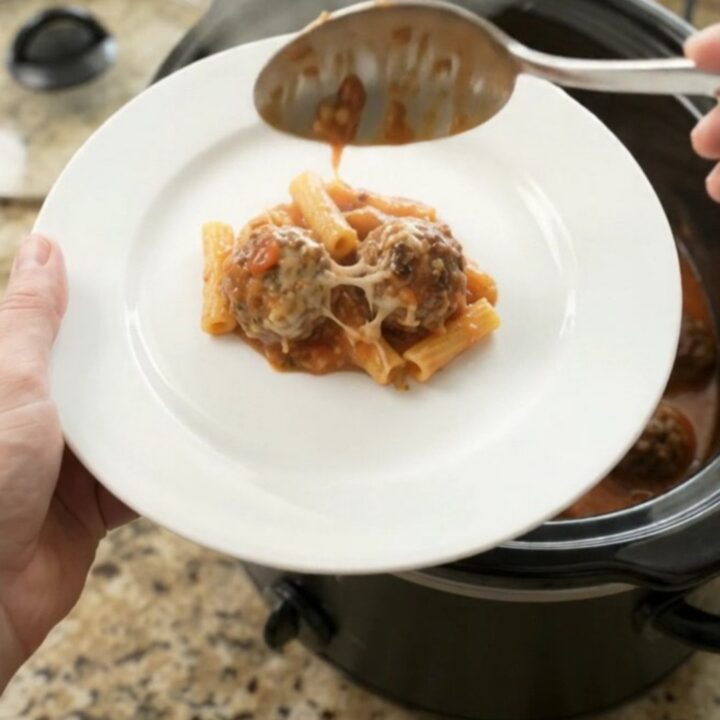 Slow cooker filled with bubbling Parmesan meatball baked ziti, cheese melted and golden