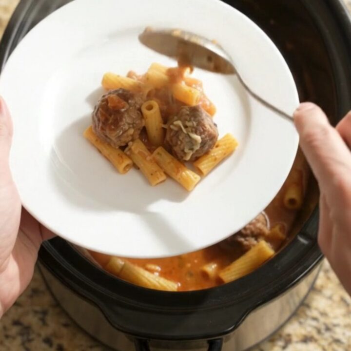 A slow cooker filled with bubbling Boursin meatball baked ziti, with cheese stretched from a spoon.