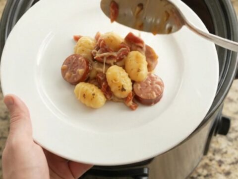 Slow cooker filled with creamy Parmesan kielbasa and gnocchi, topped with melted cheese and sun-dried tomatoes