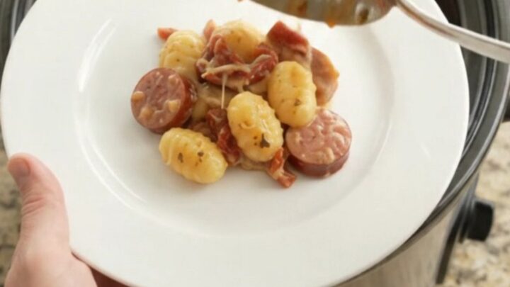Slow cooker filled with creamy Parmesan kielbasa and gnocchi, topped with melted cheese and sun-dried tomatoes