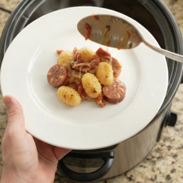 Slow cooker filled with creamy Parmesan kielbasa and gnocchi, topped with melted cheese and sun-dried tomatoes