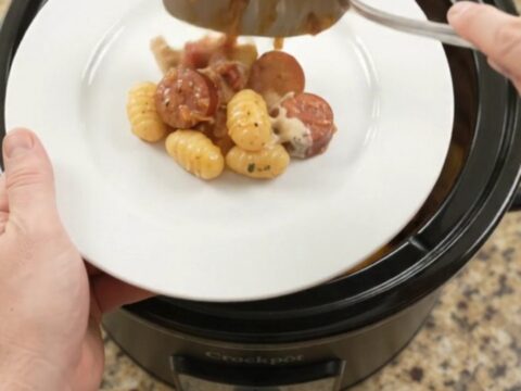 Bubbling Crockpot Boursin Kielbasa Tuscan Gnocchi with melted fontina and sun-dried tomatoes