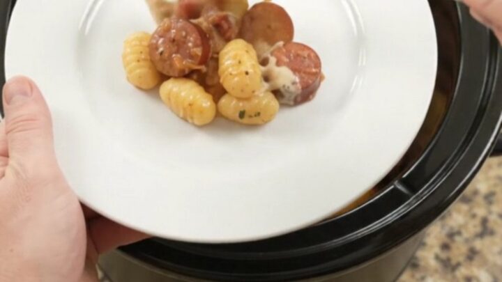 Bubbling Crockpot Boursin Kielbasa Tuscan Gnocchi with melted fontina and sun-dried tomatoes