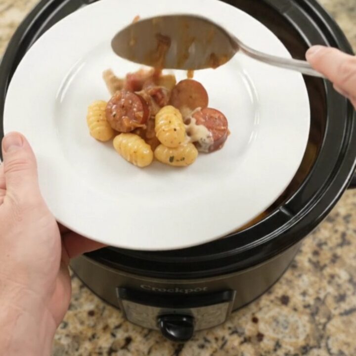 Bubbling Crockpot Boursin Kielbasa Tuscan Gnocchi with melted fontina and sun-dried tomatoes