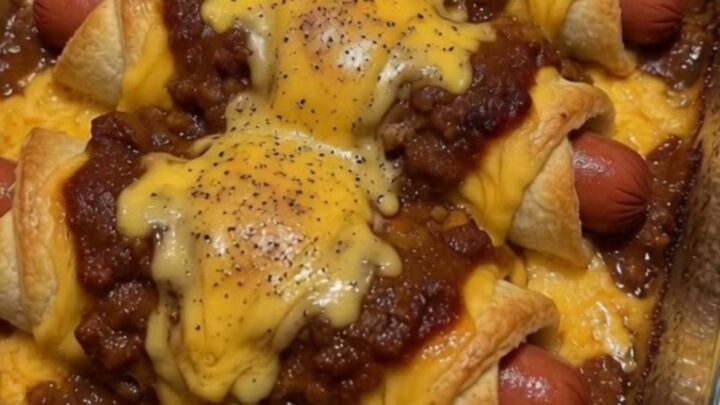 A glass casserole dish filled with six golden-brown chili cheese dog crescent rolls