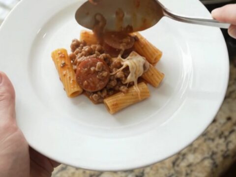 Slow cooker kielbasa rigatoni with melted mozzarella and creamy tomato sauce