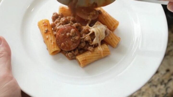Slow cooker kielbasa rigatoni with melted mozzarella and creamy tomato sauce