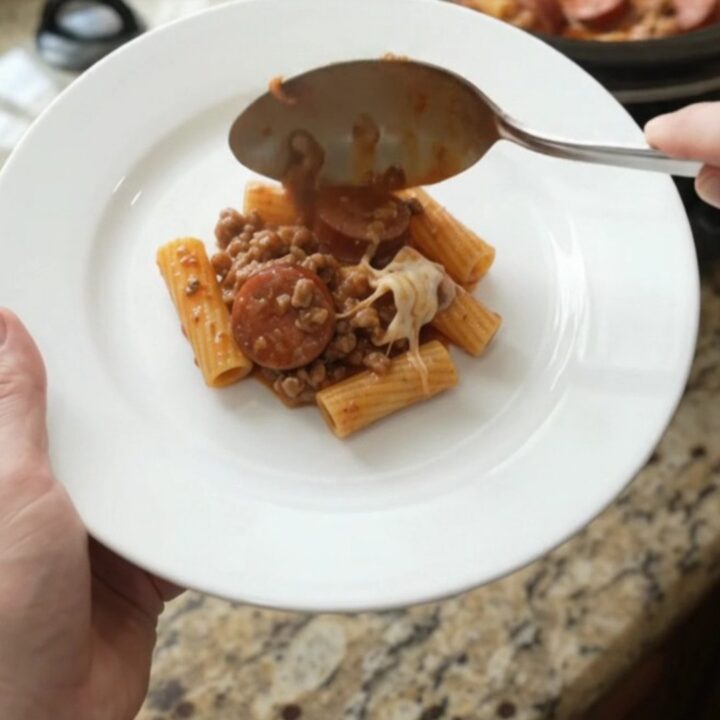 Slow cooker kielbasa rigatoni with melted mozzarella and creamy tomato sauce