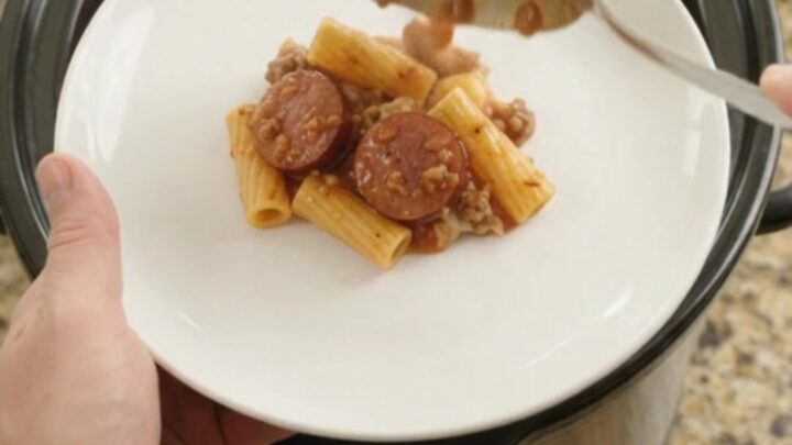 Slow cooker kielbasa rigatoni with melted provolone and ricotta in a Crockpot