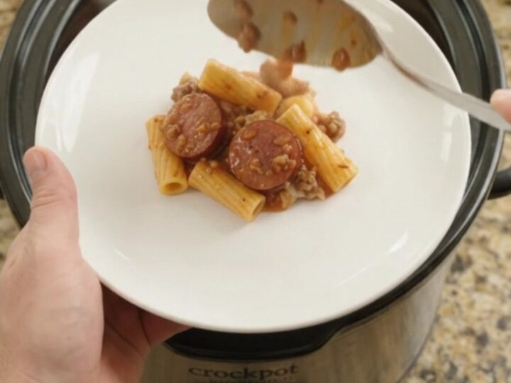 Slow cooker kielbasa rigatoni with melted provolone and ricotta in a Crockpot